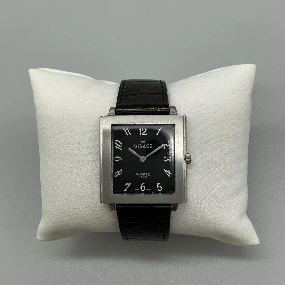 Visage Womens Watch 29mm Black Square Dial Brown Leather Band New Battery